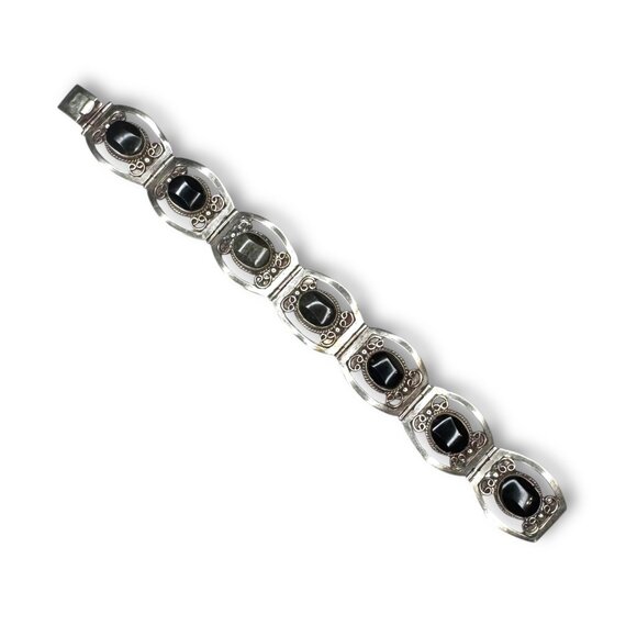 Vintage Mexico Alpaca Silver Gold Sheen Obsidian Panel Bracelet 7.25 - Picture 1 of 12